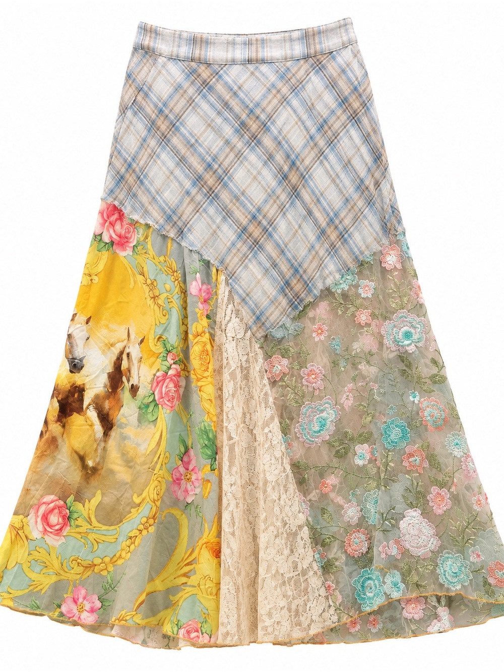 Bohemian Patchwork Floral & Plaid Maxi Skirt - Multicolor